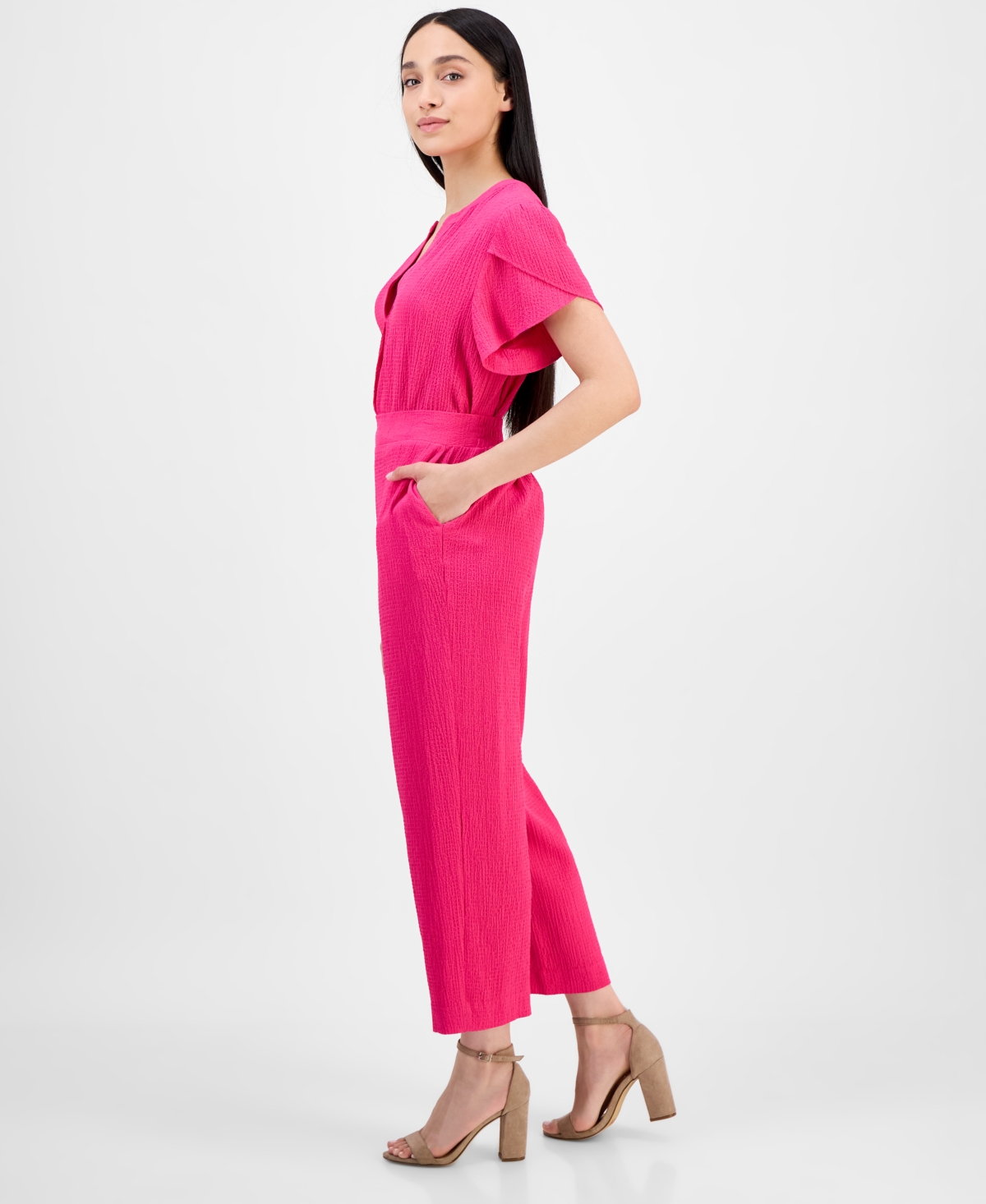 Shop Ak Anne Klein Petite Textured Pull-on Mid-rise Wide-leg Pants