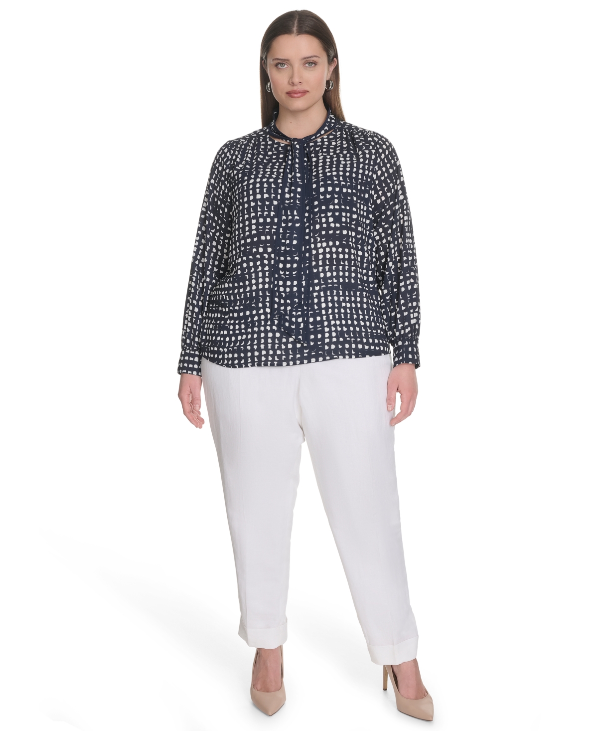 Calvin Klein Plus Size Printed Tie-neck Long-sleeve Blouse