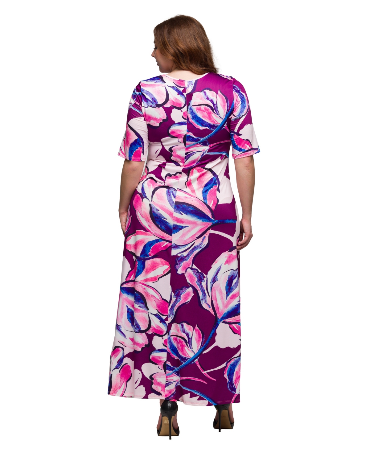 24SEVEN COMFORT APPAREL PLUS SIZE PRINT ELBOW SLEEVE CASUAL A-LINE MAXI DRESS 