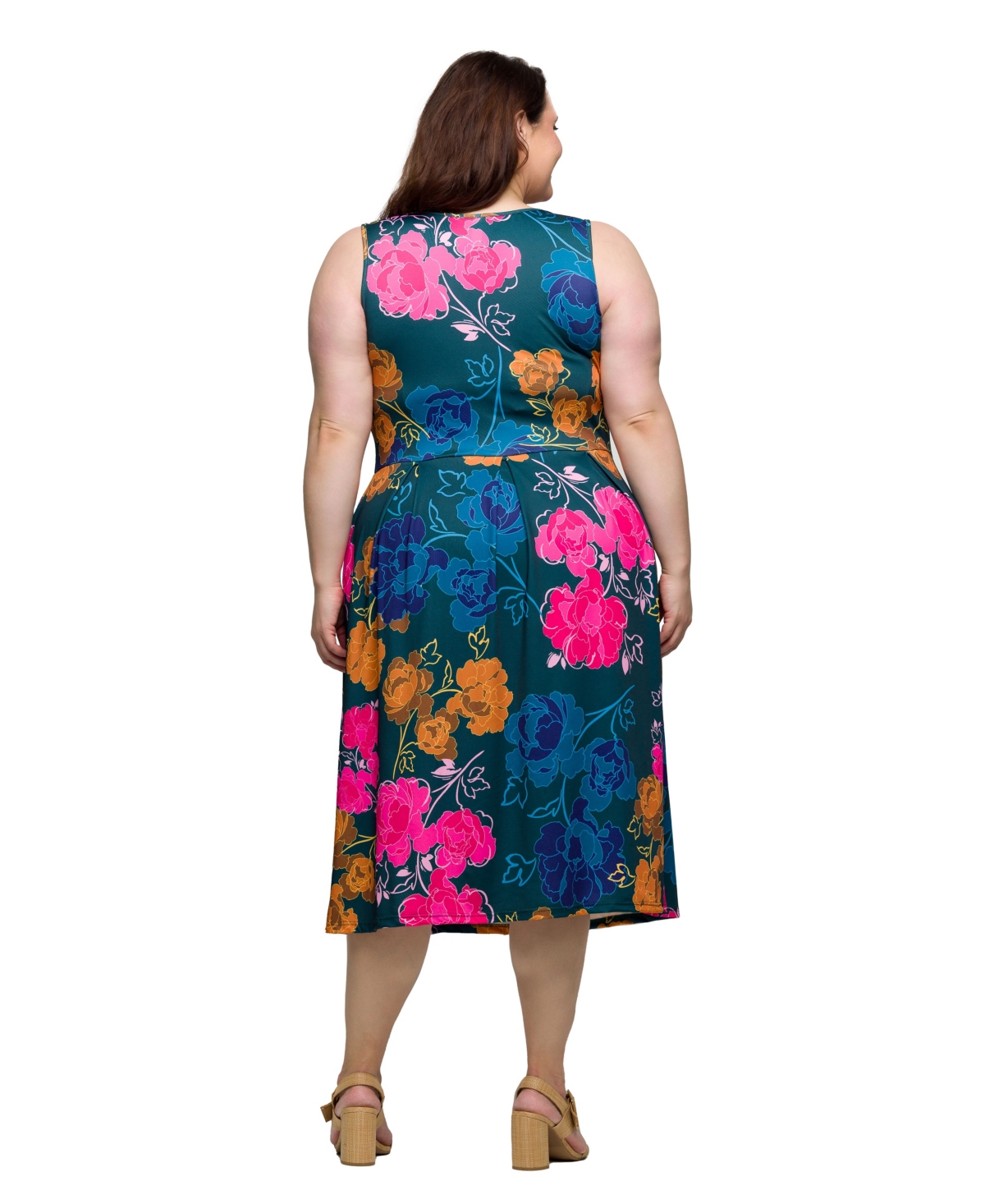 24seven Comfort Apparel Plus Size Midi Length Print Sleeveless Pleated Pocket Dress In Green Multi