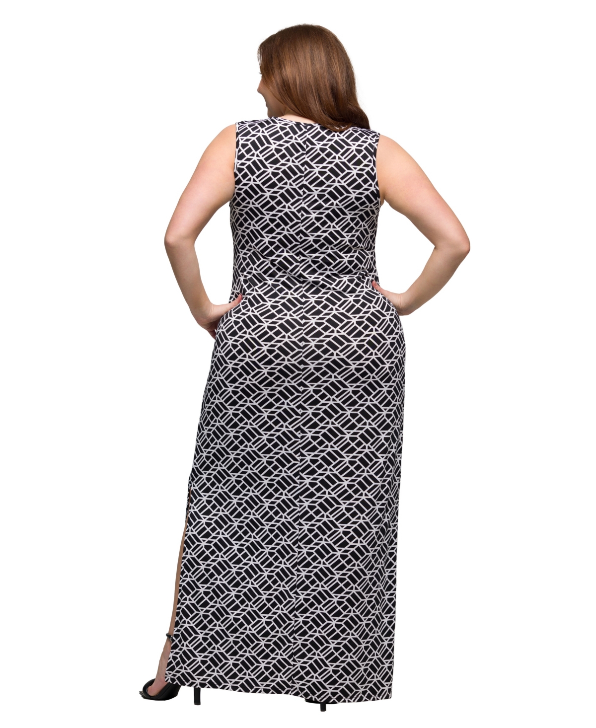 24seven Comfort Apparel Plus Size Print Sleeveless Side Slit Maxi Dress In Black Multi