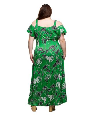 Plus Size Cold Shoulder Ruffle Sleeve A-Line Maxi Dress