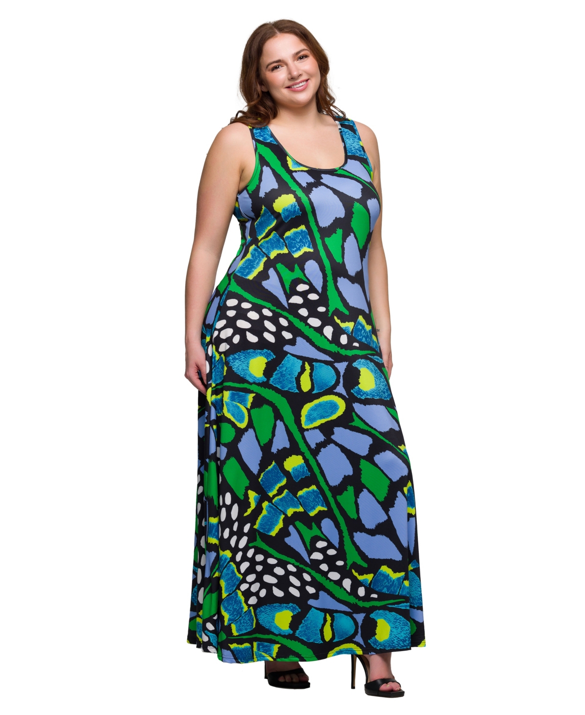 24SEVEN COMFORT APPAREL PLUS SIZE PRINT SCOOP NECK A-LINE SLEEVELESS MAXI DRESS 