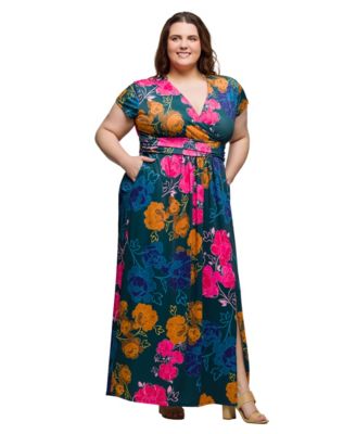 Plus Size Cap Sleeve V-Neck Side Slit Pocket Maxi Dress