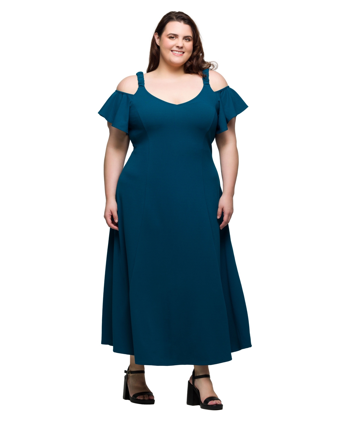 24seven Comfort Apparel Plus Size Cold Shoulder Ruffle Sleeve A-line Maxi Dress