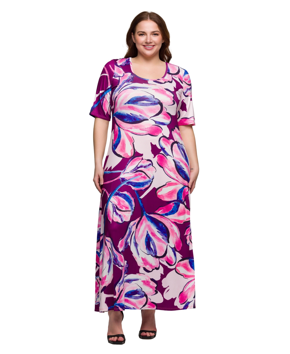 24SEVEN COMFORT APPAREL PLUS SIZE PRINT ELBOW SLEEVE CASUAL A-LINE MAXI DRESS 