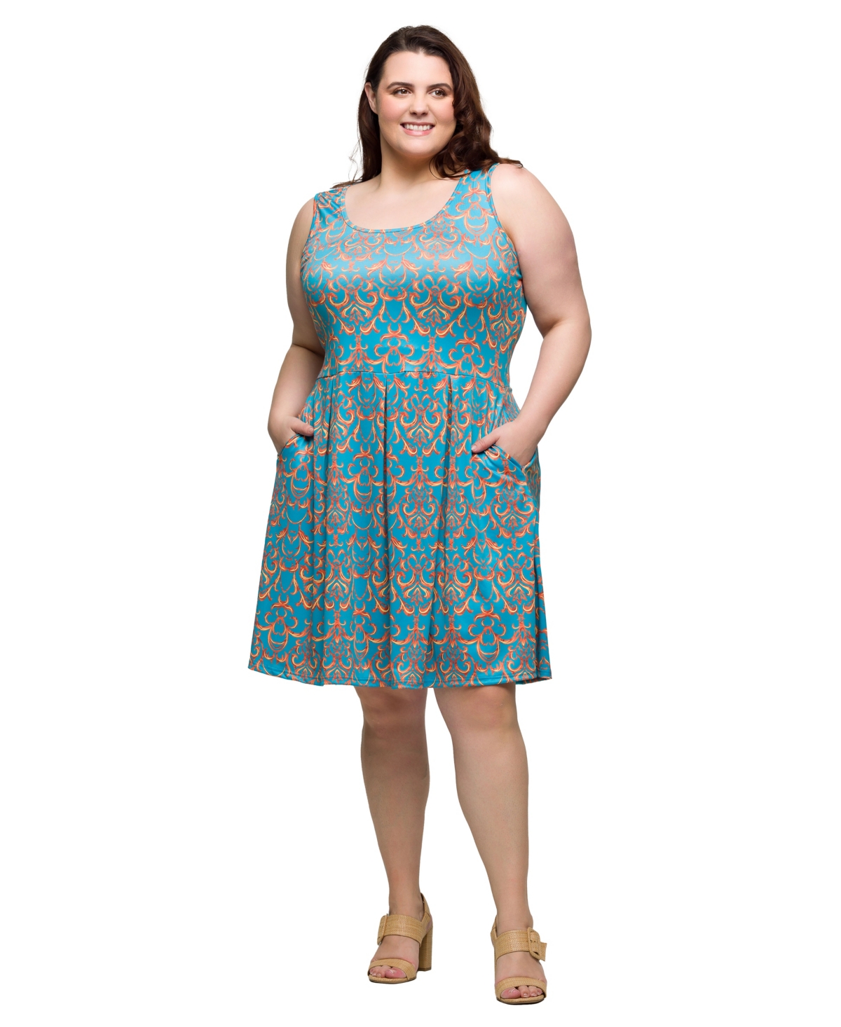 24seven Comfort Apparel Plus Size Sleeveless Pleated Knee Length Pocket Dress In Multi