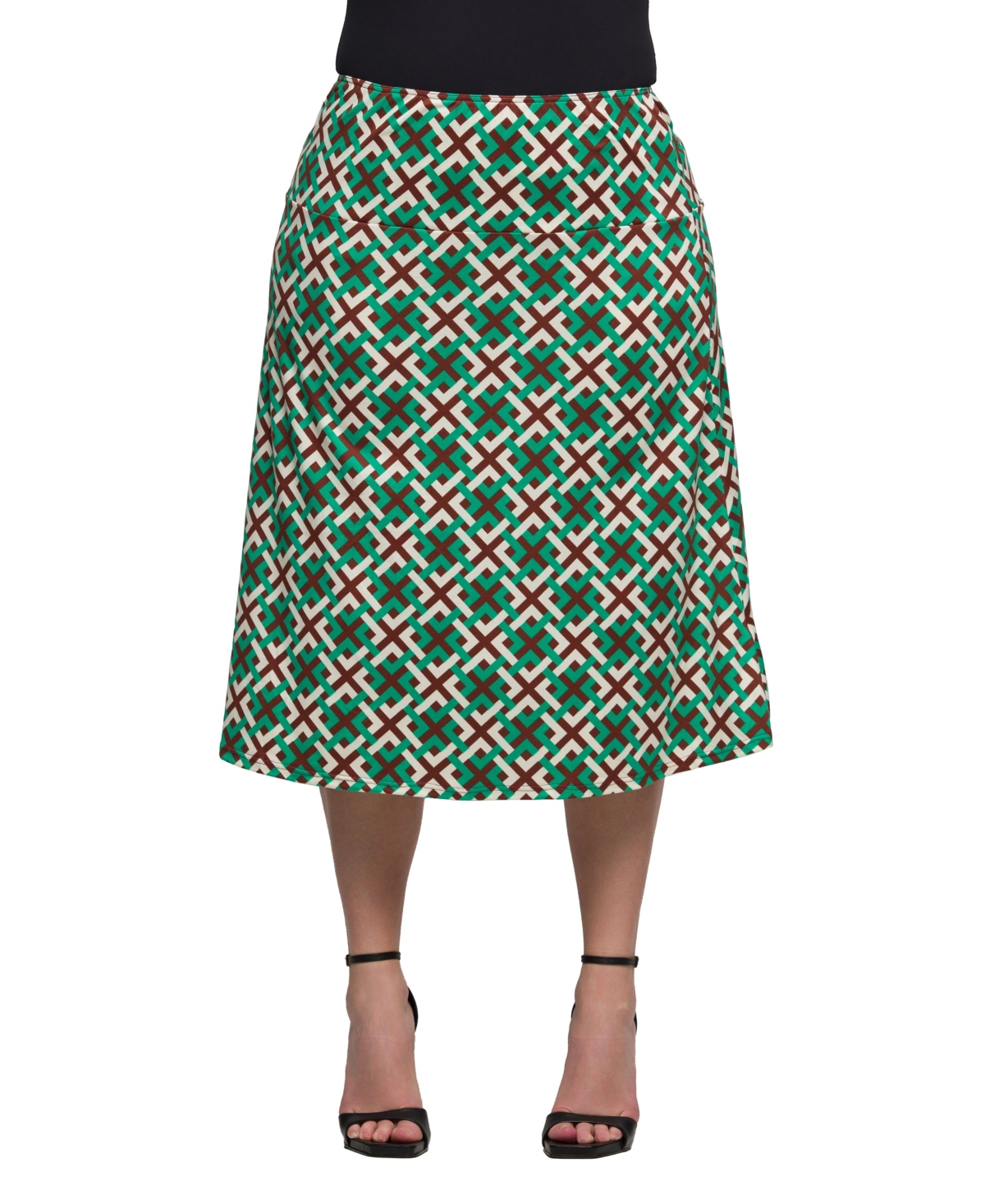 Plus Size Print Comfortable Elastic Waist Knee Length Skirt - Green Multi