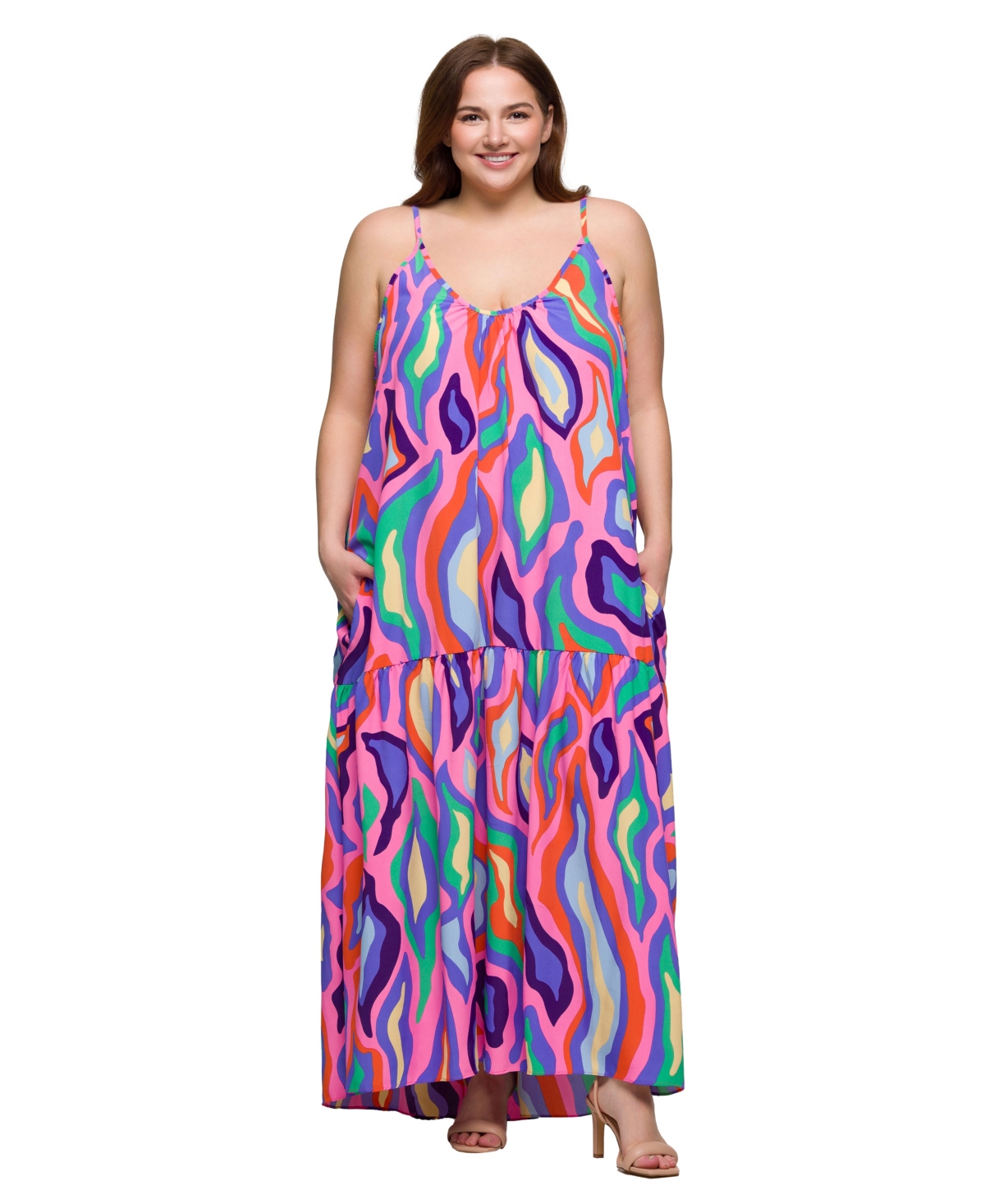 Plus Size Lightweight Spaghetti Strap Pocket Maxi Dress - Purle Multi