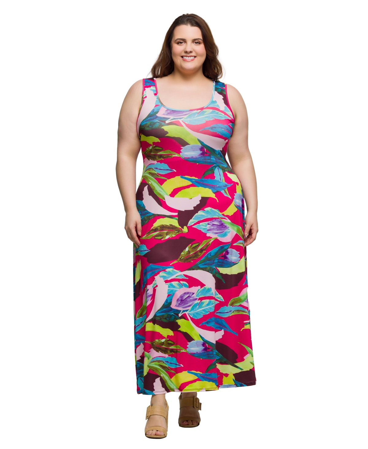24SEVEN COMFORT APPAREL PLUS SIZE SCOOP NECK A-LINE SLEEVELESS MAXI DRESS 