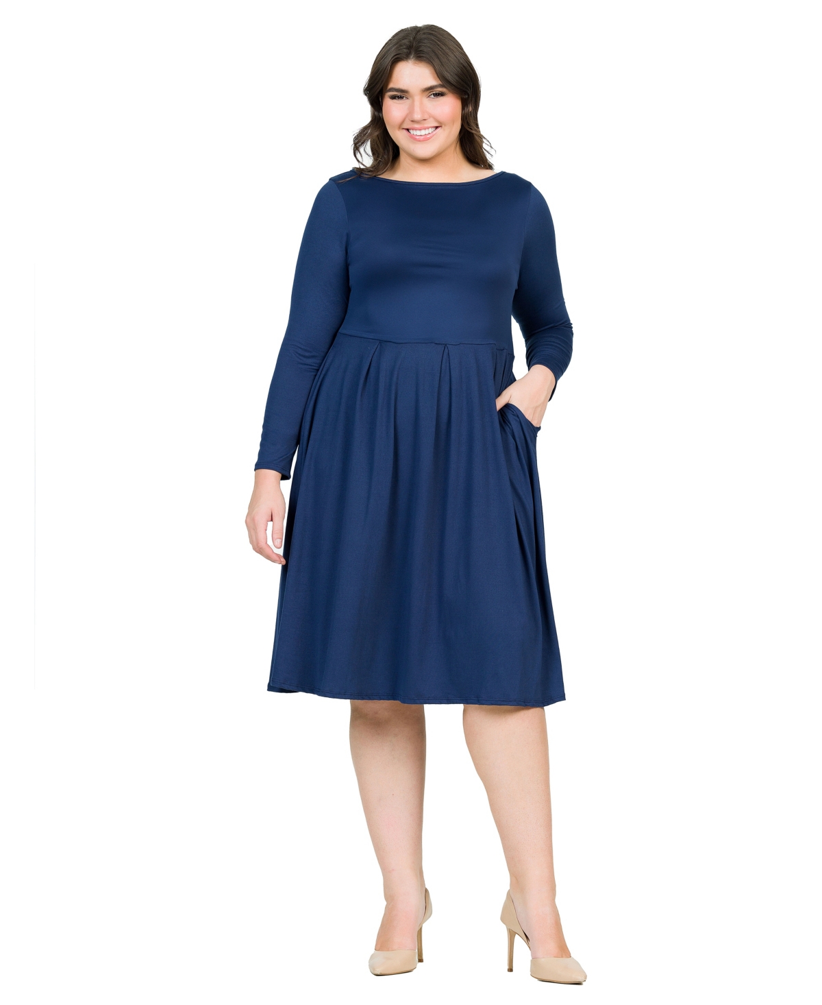 24seven Comfort Apparel Plus Size Long Sleeve Fit And Flare Midi Dress In Navy