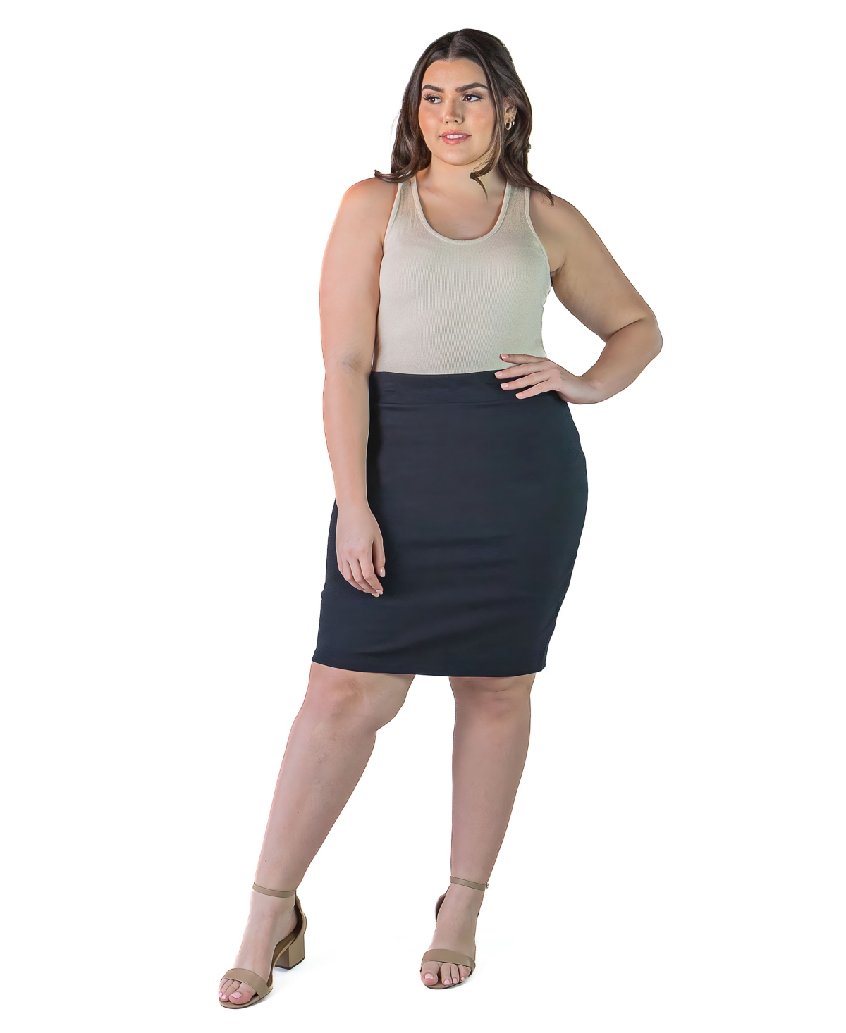 24seven Comfort Apparel Plus Size Solid Color Elastic Waist Knee Length Pencil Skirt In Black
