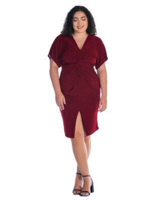 Plus Size Short Sleeve V-Neck Twist Front Split Hem Dress