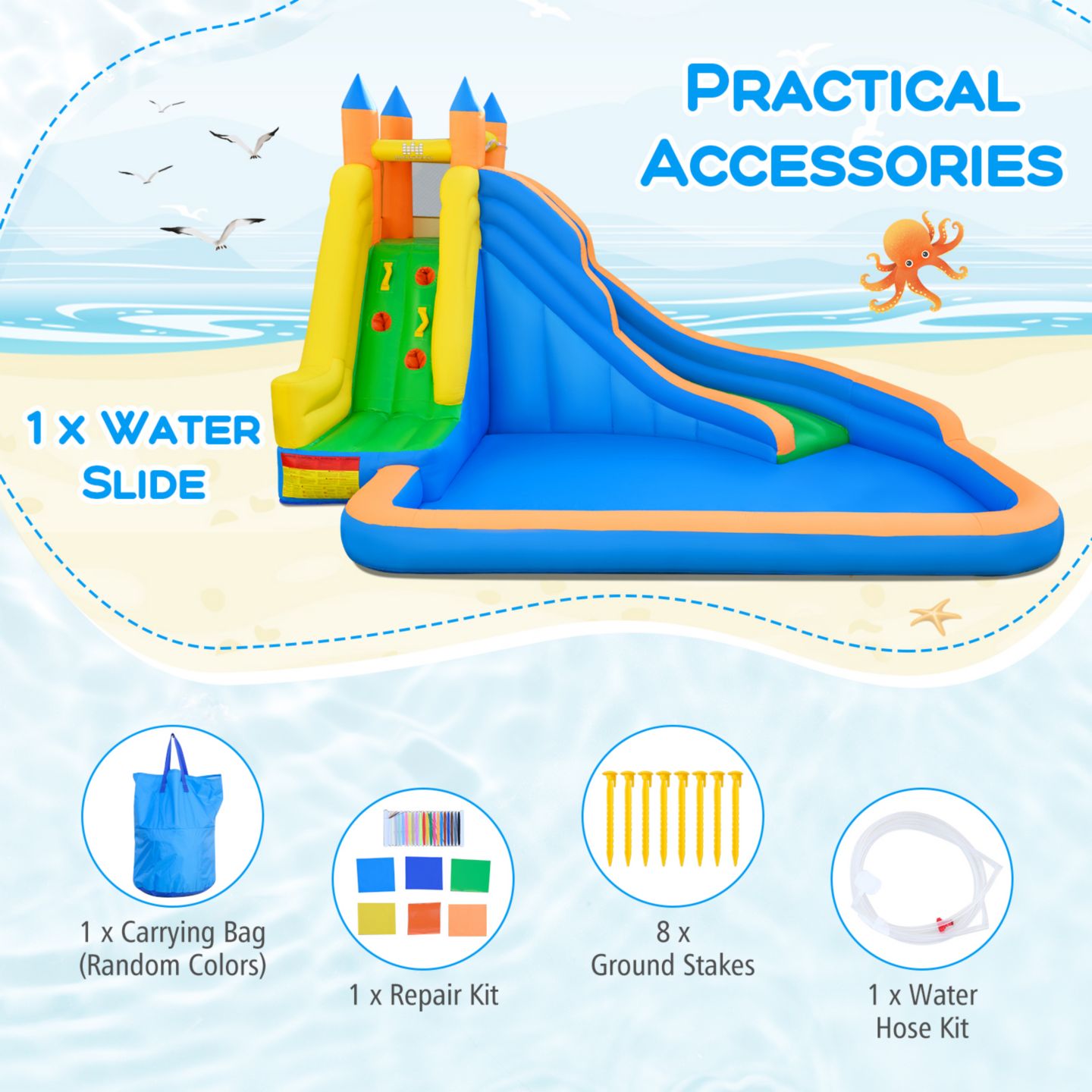 Детская игрушка Costway Mighty Inflatable Water Slide Splash Pool Bounce House, Ages 3+, цвет: Синий — фото 6