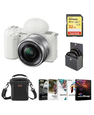 ZV-E10 Mirrorless Camera with 16-50mm Lens, White Bundle with PC Photo & Video Editing Software Suite, 32GB SD Memory Card, Shoulder Bag, 40.5mm