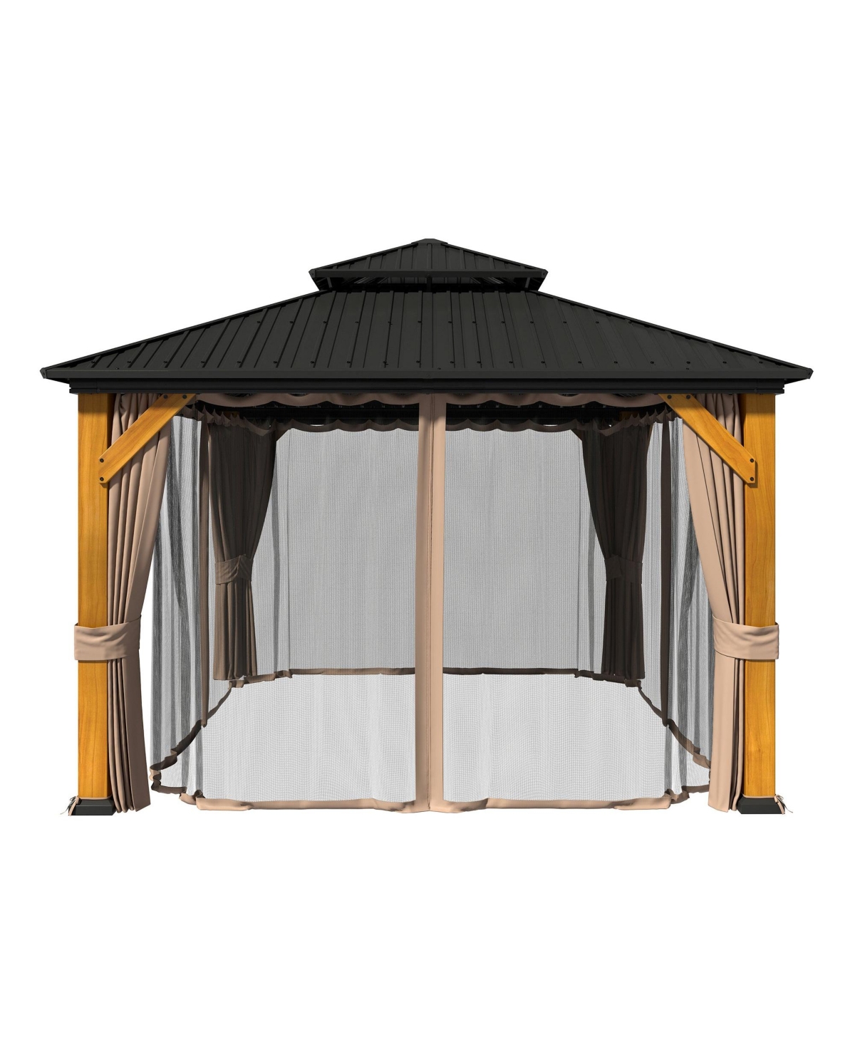 12x12 Ft Heavy-Duty Aluminum Hardtop Gazebo with Galvanized Steel Roof, Weather-Resistant Cedar Wood Outdoor Pavilion for Patio, Backyard - Black+yell