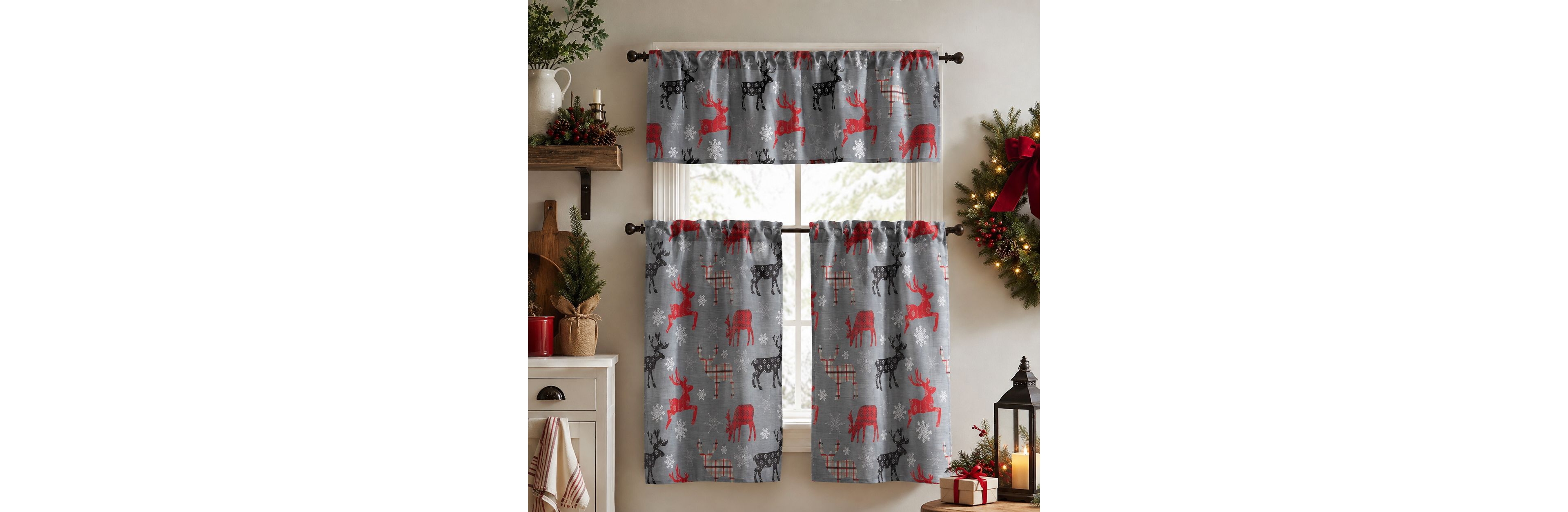 Kate Aurora Complete Plaid Christmas Reindeer Snowflakes 3 Pc Kitchen Curtain Tier And Valance Set