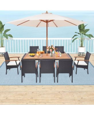 9 Pieces Patio Rattan Dining Set with Acacia Wood Table for Backyard Garden-Wood Handrail