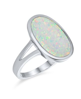 Boho Iridescent White Created Opal Big Oval Split Shank Statement Ring .925 Sterling Silver Rhodium Plating