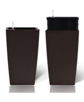 Modern Faux Rattan Square Planter with Irrigation System (2-Pack, 22.6 inch, Brown)
