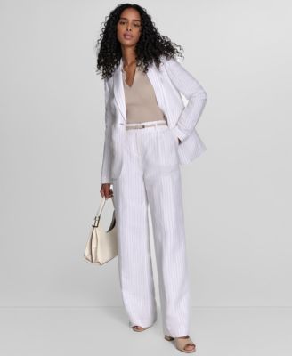 Womens Pinstriped One Button Blazer Belted Pants