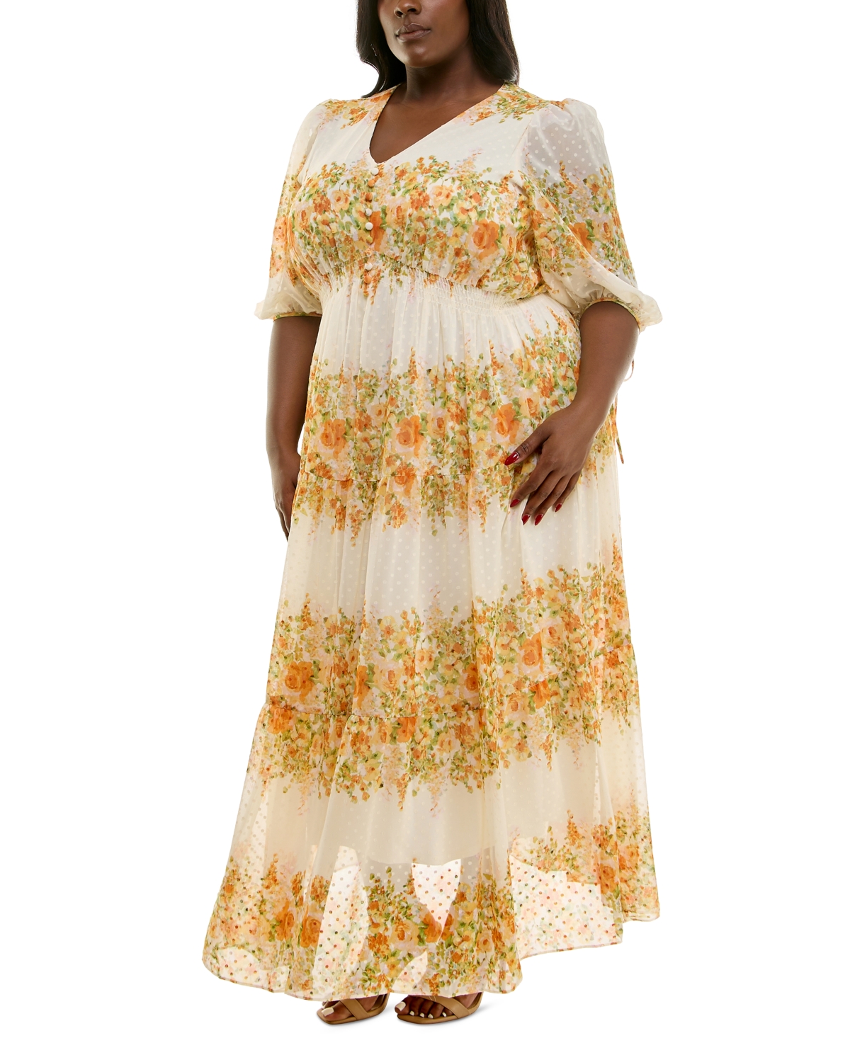 Plus Size Floral-Print Chiffon A-Line Midi Dress - Ivory Honeybee