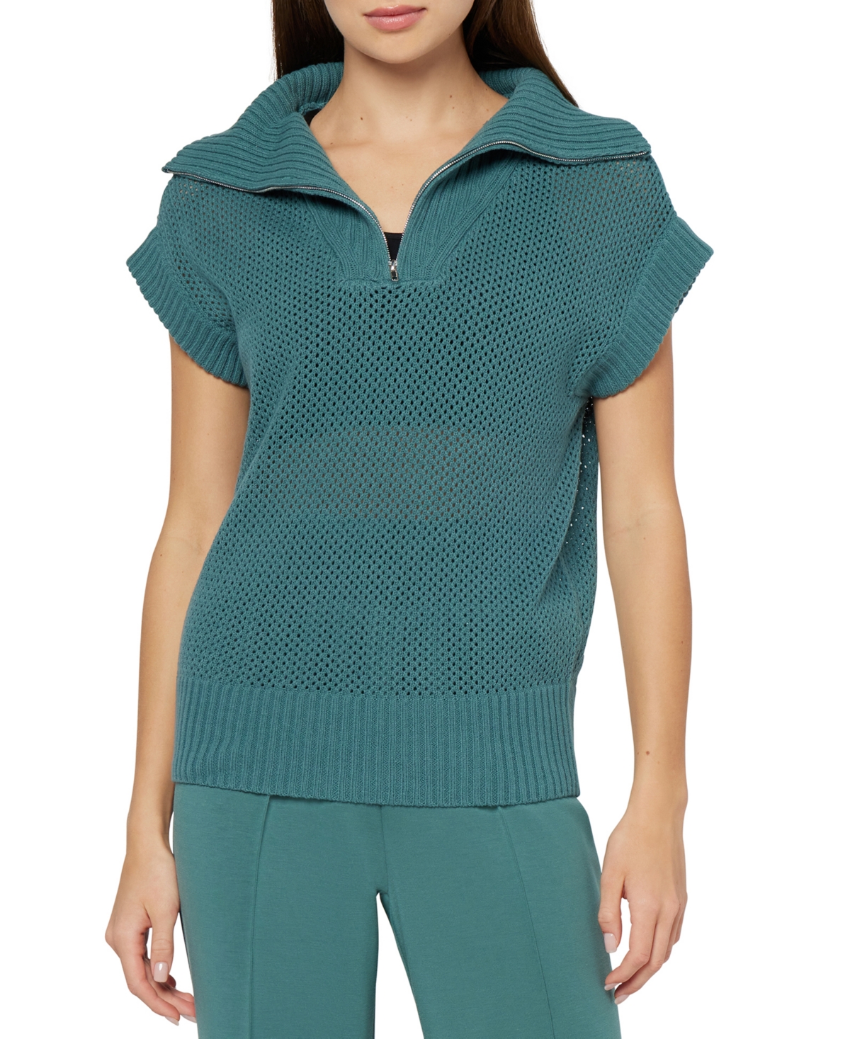 Three Dots Kim Dolman Sleeve Quarter Zip Sweater In Sea Pine