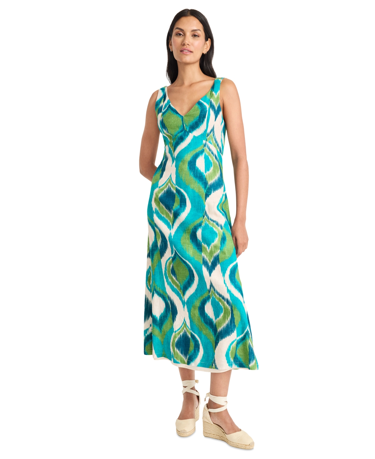 Women's Printed Double-Strap V-Neck Midi Dress - Ivory/Aqua