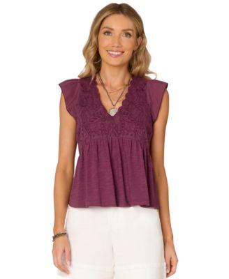 Petite Embroidered Cotton Flutter-Sleeve Top
