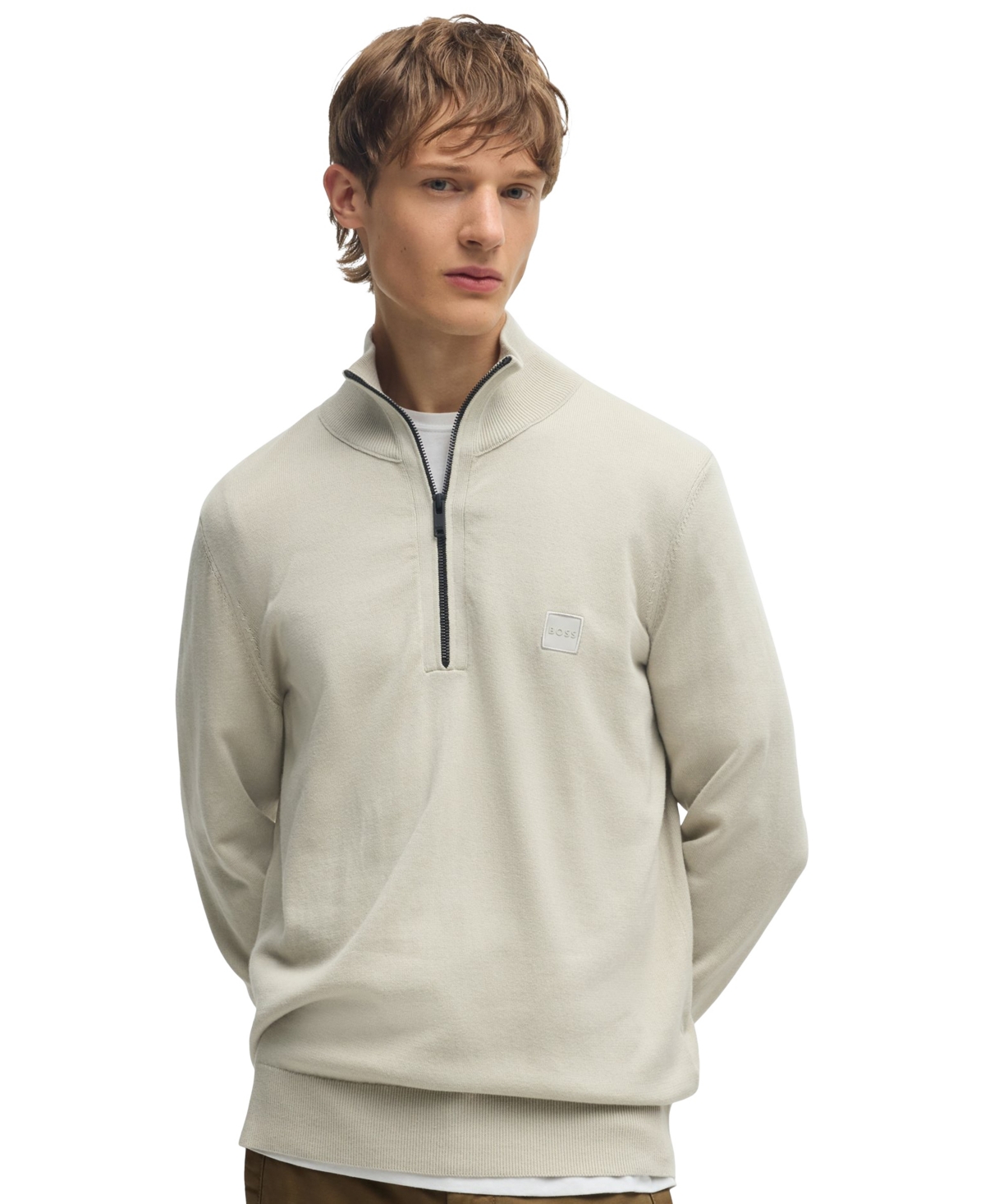 Boss by Hugo Boss Men's Logo Patch Zip-Neck Sweater - Open Beige