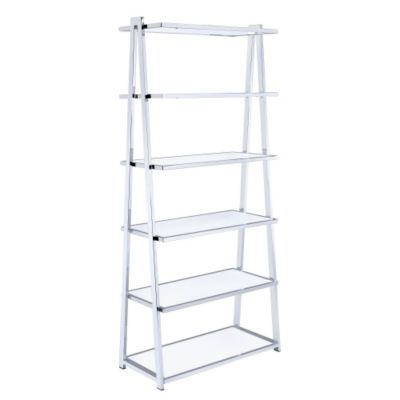 White and Chrome Bookshelf with 6 Shelves High Gloss Finish Wood Metal Frame Modern Bookcase