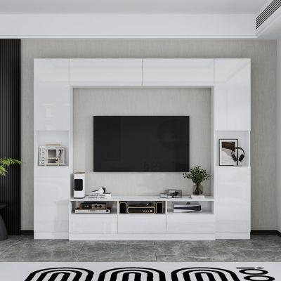 TV stand with bookshelf and 10 cabinet doors, multi-purpose media console, entertainment center in white wood