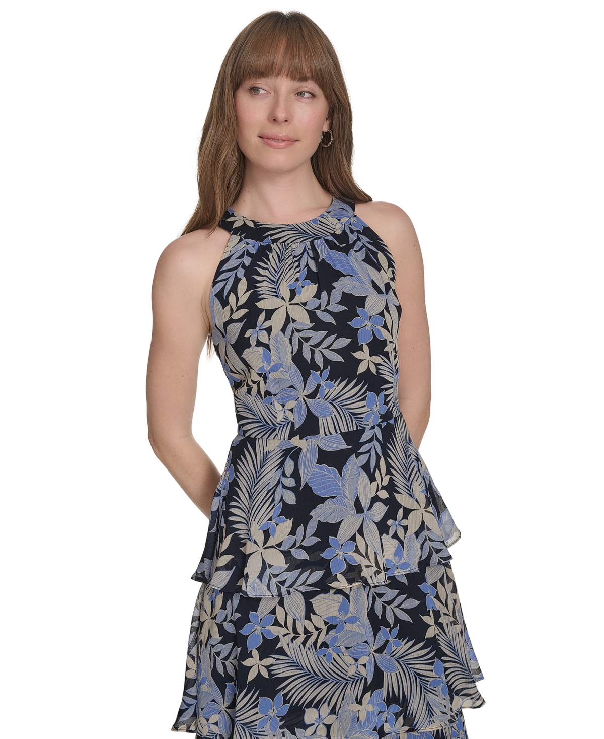 Tommy Hilfiger Women's Printed Tiered Halter Maxi Dress In French Blue Multi