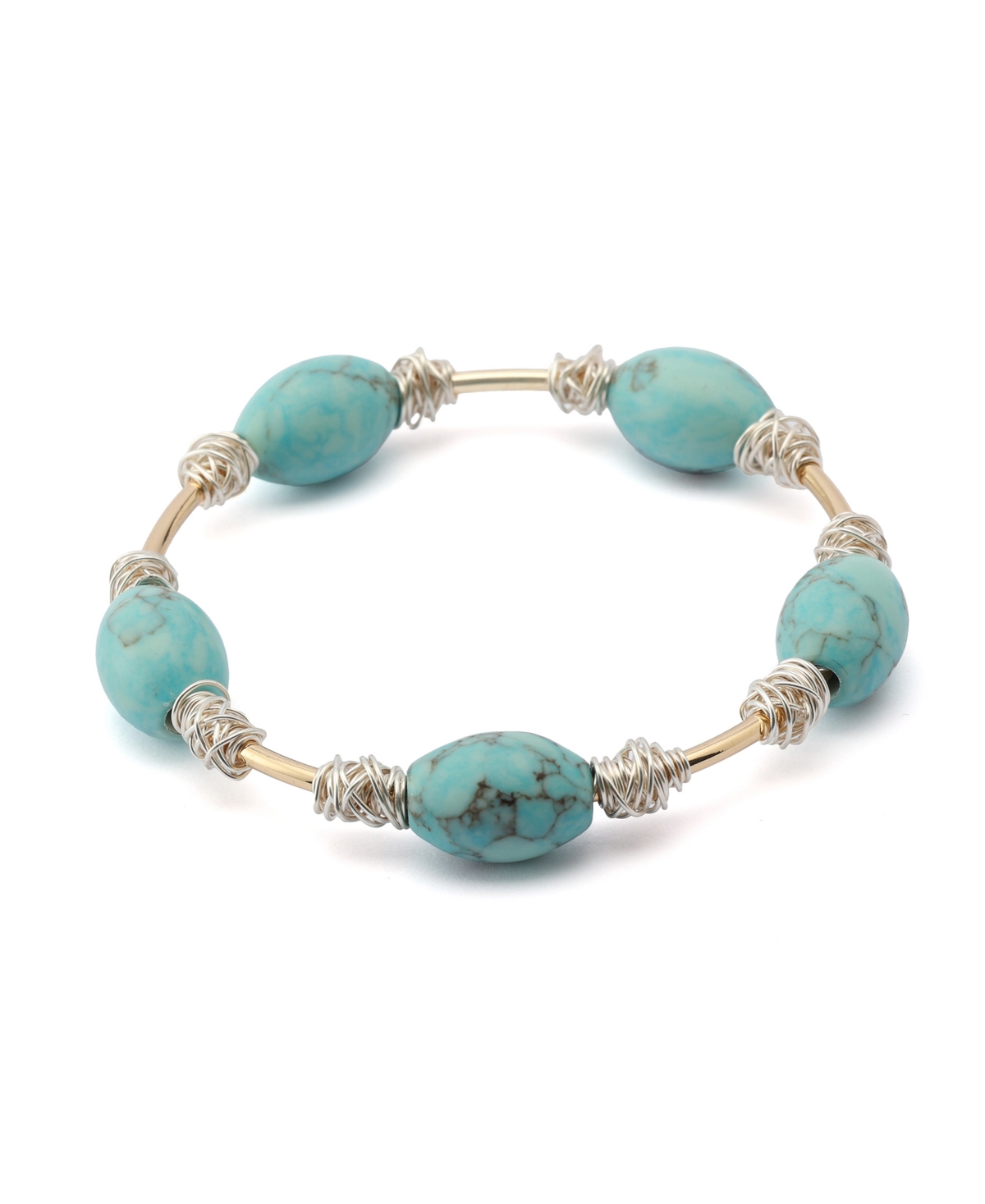 Turquoise Stone Bead Wire Bangle Bracelet - Turquoise, Gold