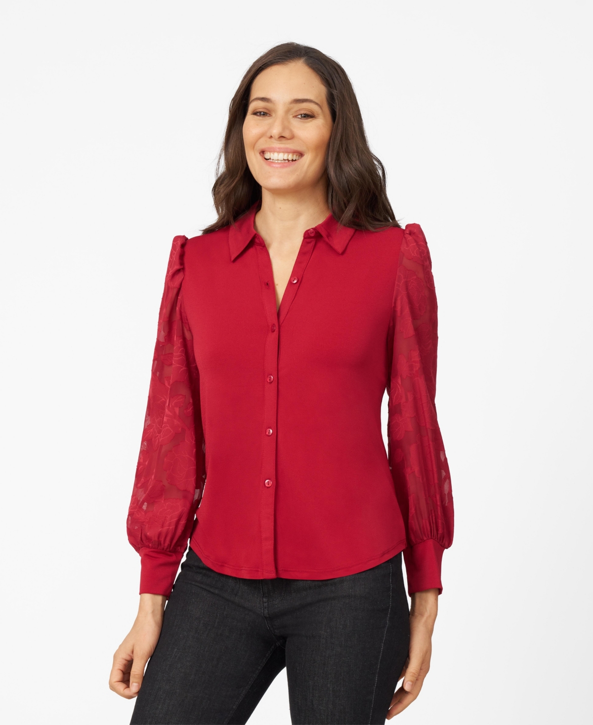 Women's Floral Chiffon Sleeve Button Up Top - Rio red