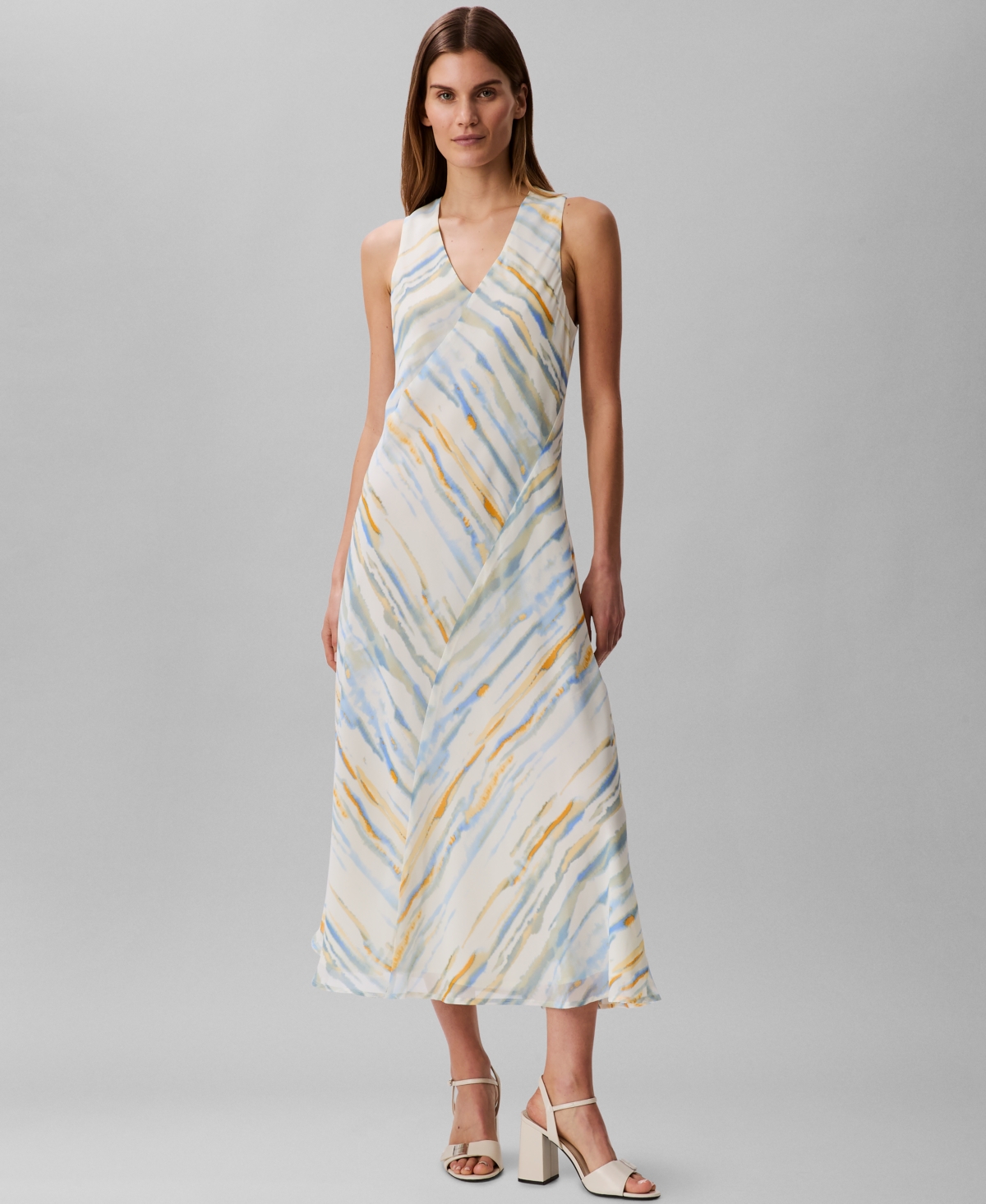 Calvin Klein Women's Printed V-neck Sleeveless Midi Dress In White,natural