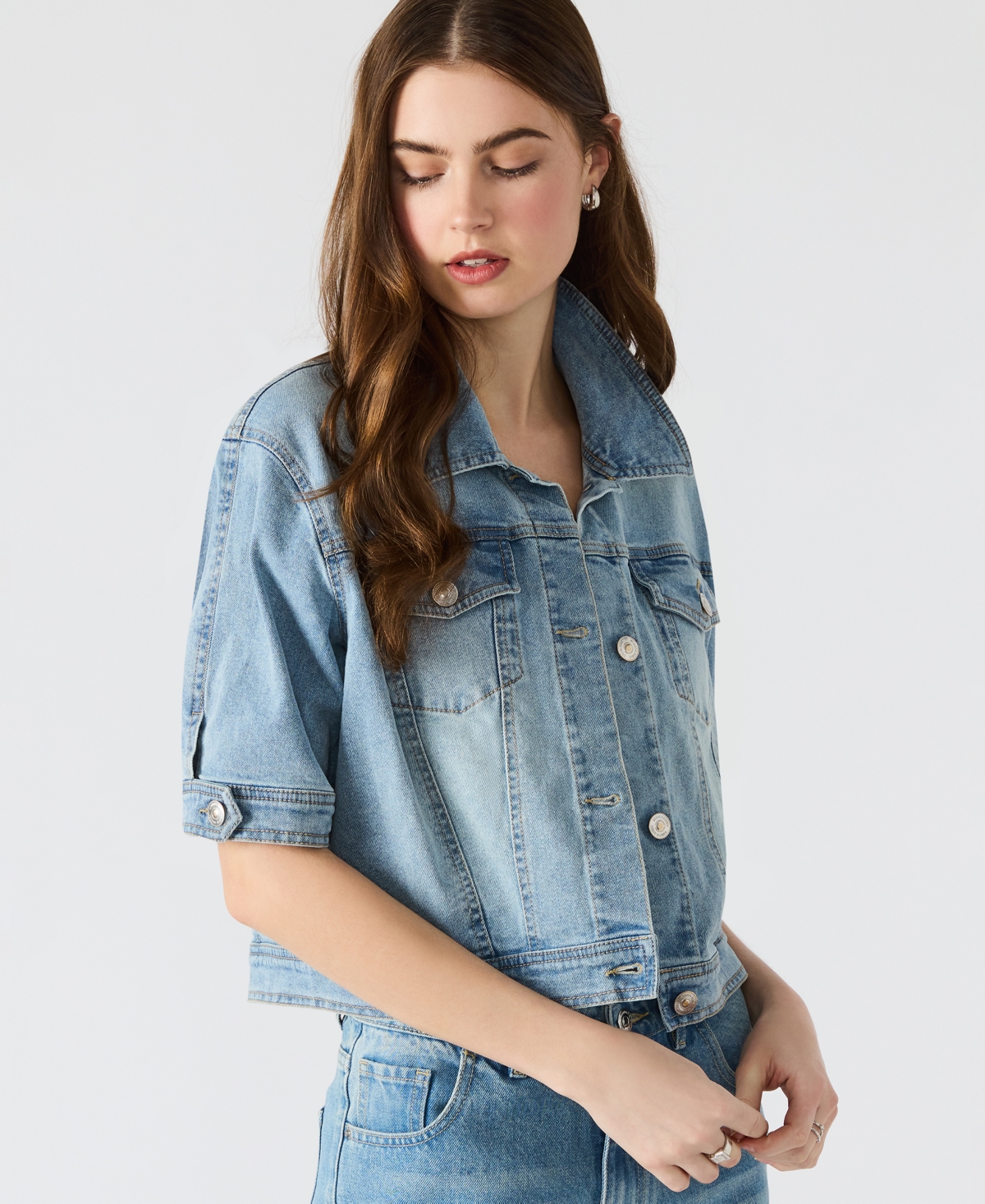 Steve Madden Blu Elbow Sleeve Denim Trucker Jacket In Blue