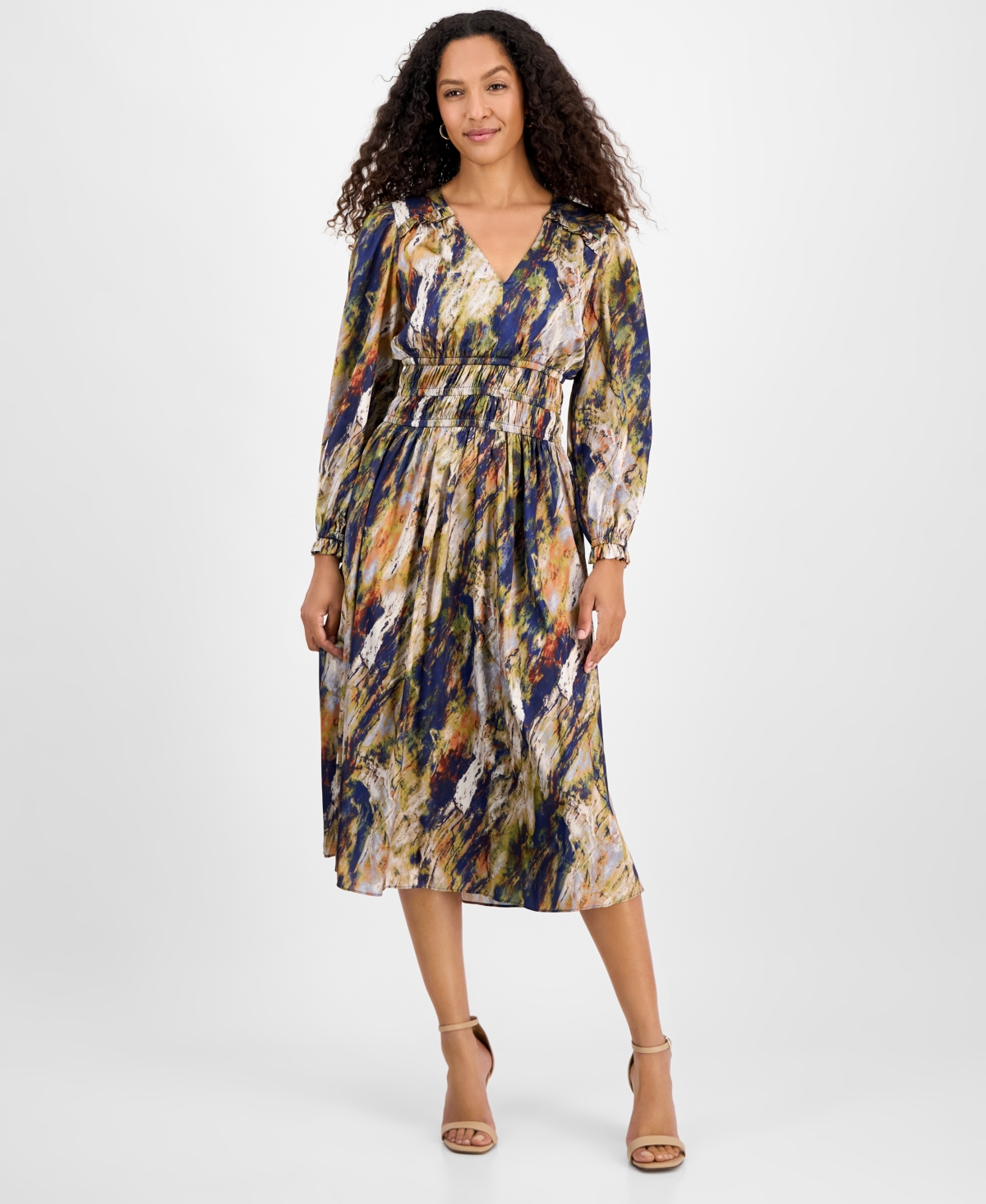 Women's Printed V-Neck Long-Sleeve Midi Dress - Green/navy