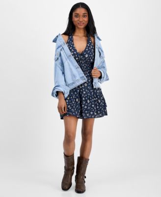 Juniors' Button-Down Denim Baggy Trucker Jacket