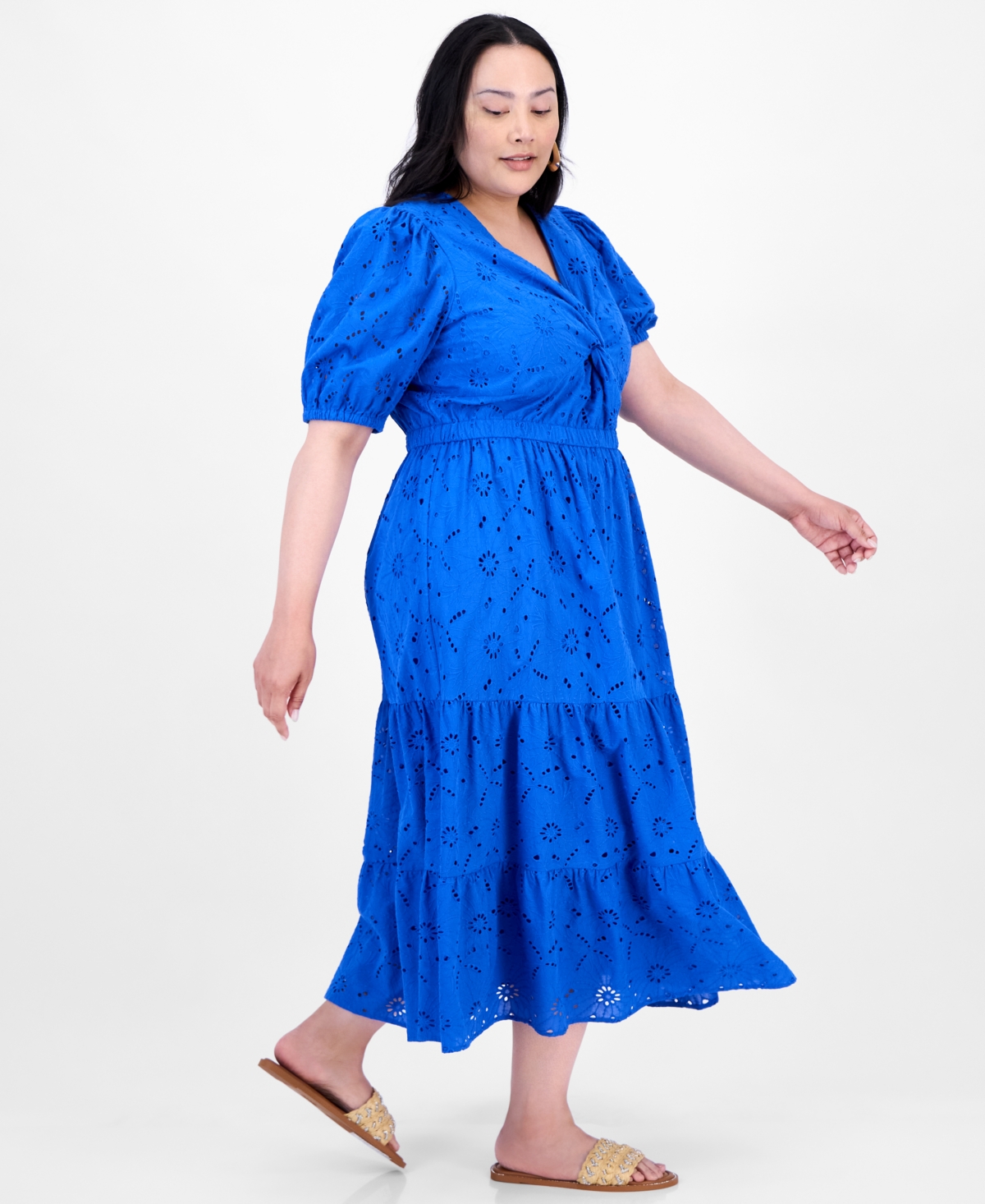 Inc International Concepts Plus Size Cotton Eyelet Twist-front Tiered Dress, Exclusively At Macy's