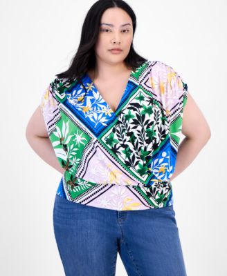I.N.C. International Concepts - Plus Size Printed Surplice Short-Sleeve Top, Exclusively at Macy's
