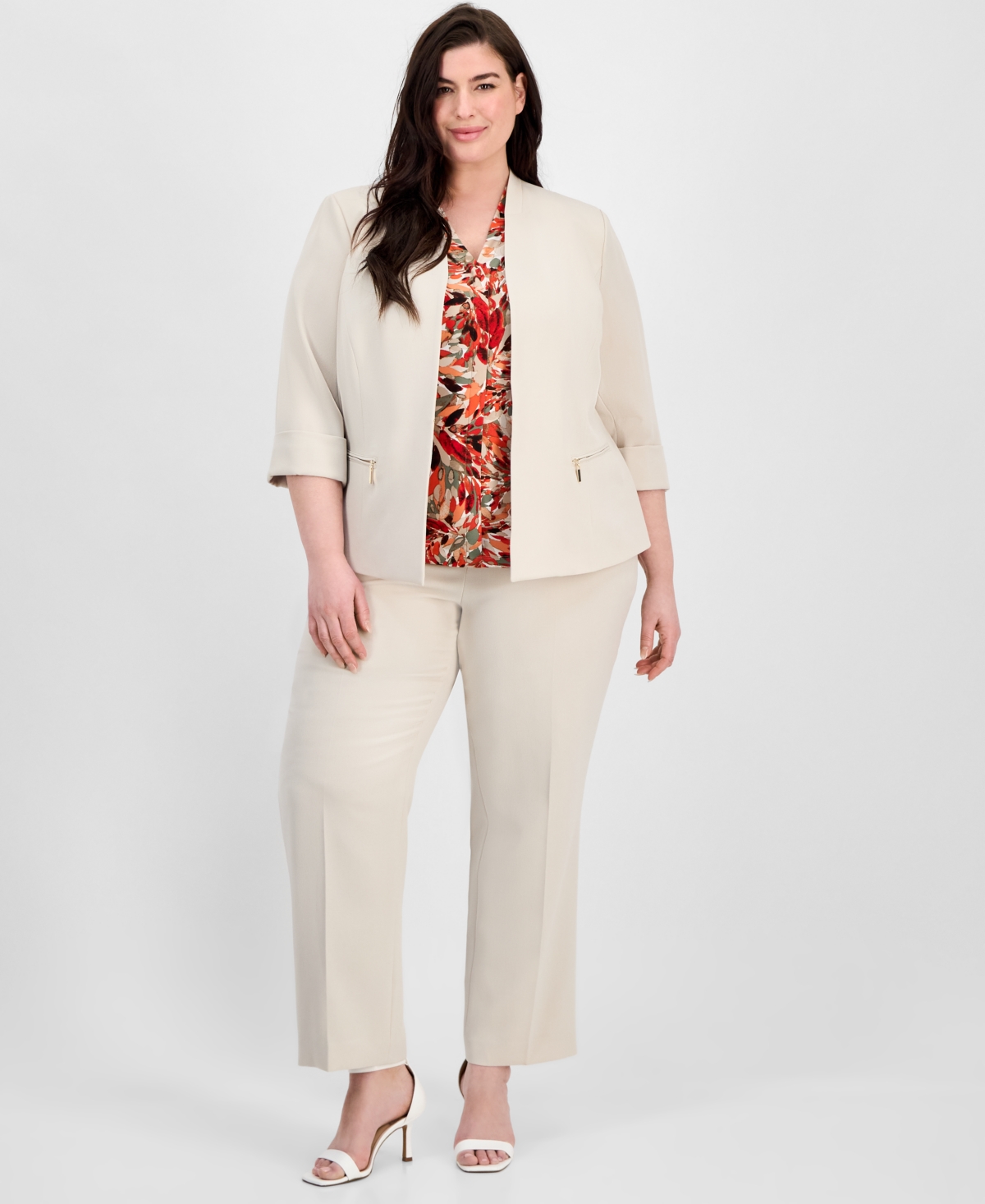 Kasper Plus Size Zip-pocket Cuffed 3/4-sleeve Blazer