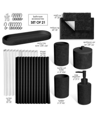 Complete Burlap-Texture Polyresin Bathroom Decor & Accessory Set with Shower Curtain & Bath Rugs