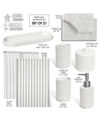 Complete Burlap-Texture Polyresin Bathroom Decor & Accessory Set with Shower Curtain & Bath Rugs