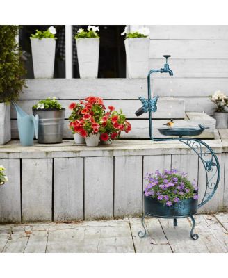 Vintage Metal Garden Bird Bath with Solar Lamp and Flower Planter Pedestal Standing Bird Feeder