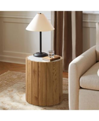 Wood Grain Manufactured Wood 18.9-Inch Tall Round End and Side Table with Faux Marble Top