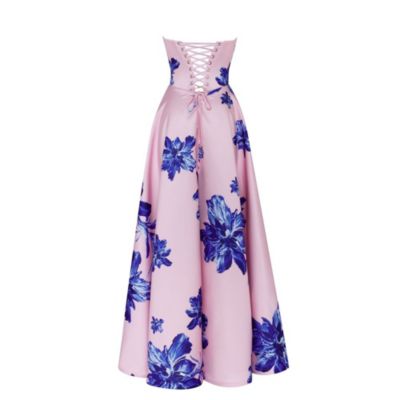 Women's Dainty pink A-line maxi dress with blue-flowered pattern
