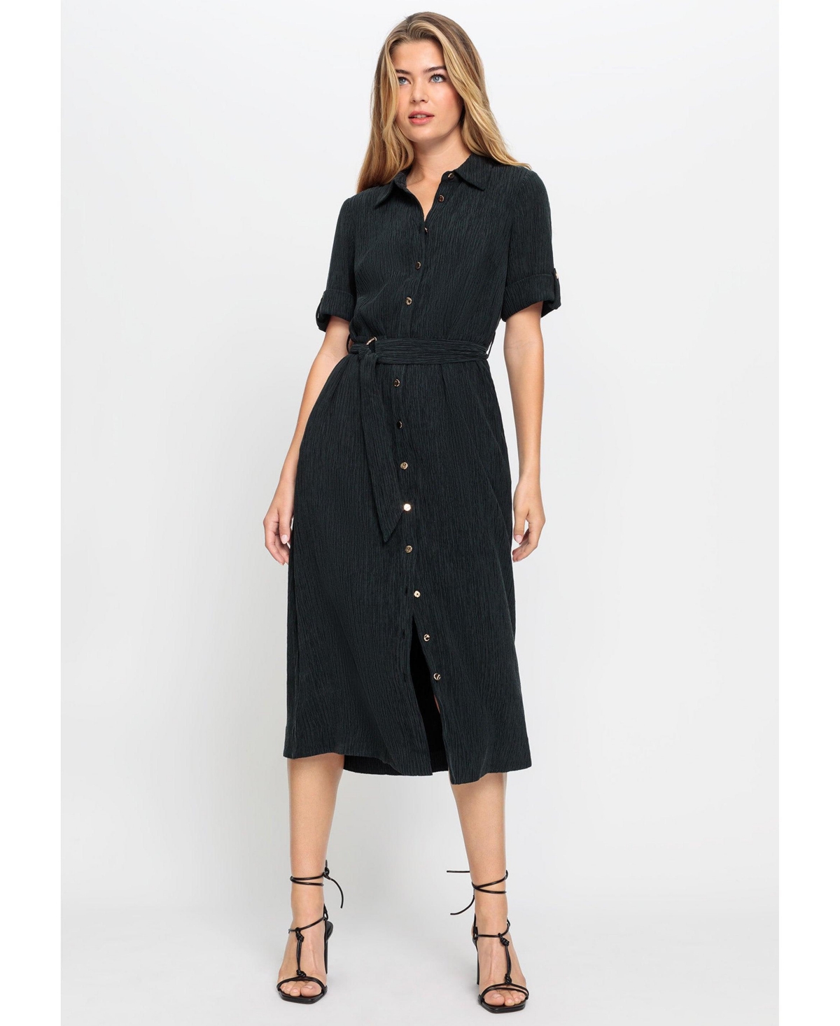 Women's Crinkle A-Line Shirt Dress - Black