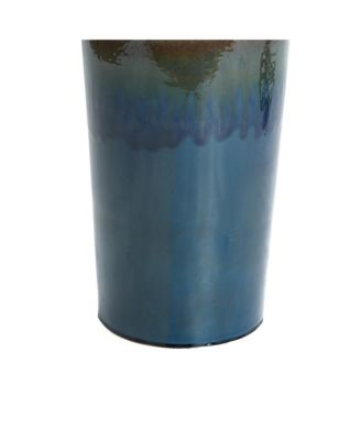 Glazed Blue and Brown Duo-Tone Sphere on Round Pillar Bubbler 30-Inch Tall Ceramic Fountain