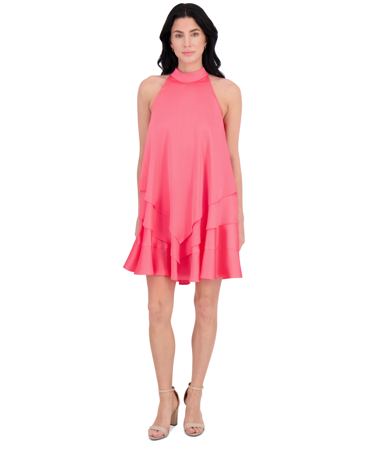 Women's Satin Mock Neck Trapeze Dress - Coral